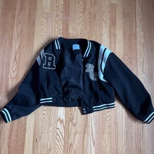 WORN TWICE Black Varsity Jacket with White Stripes